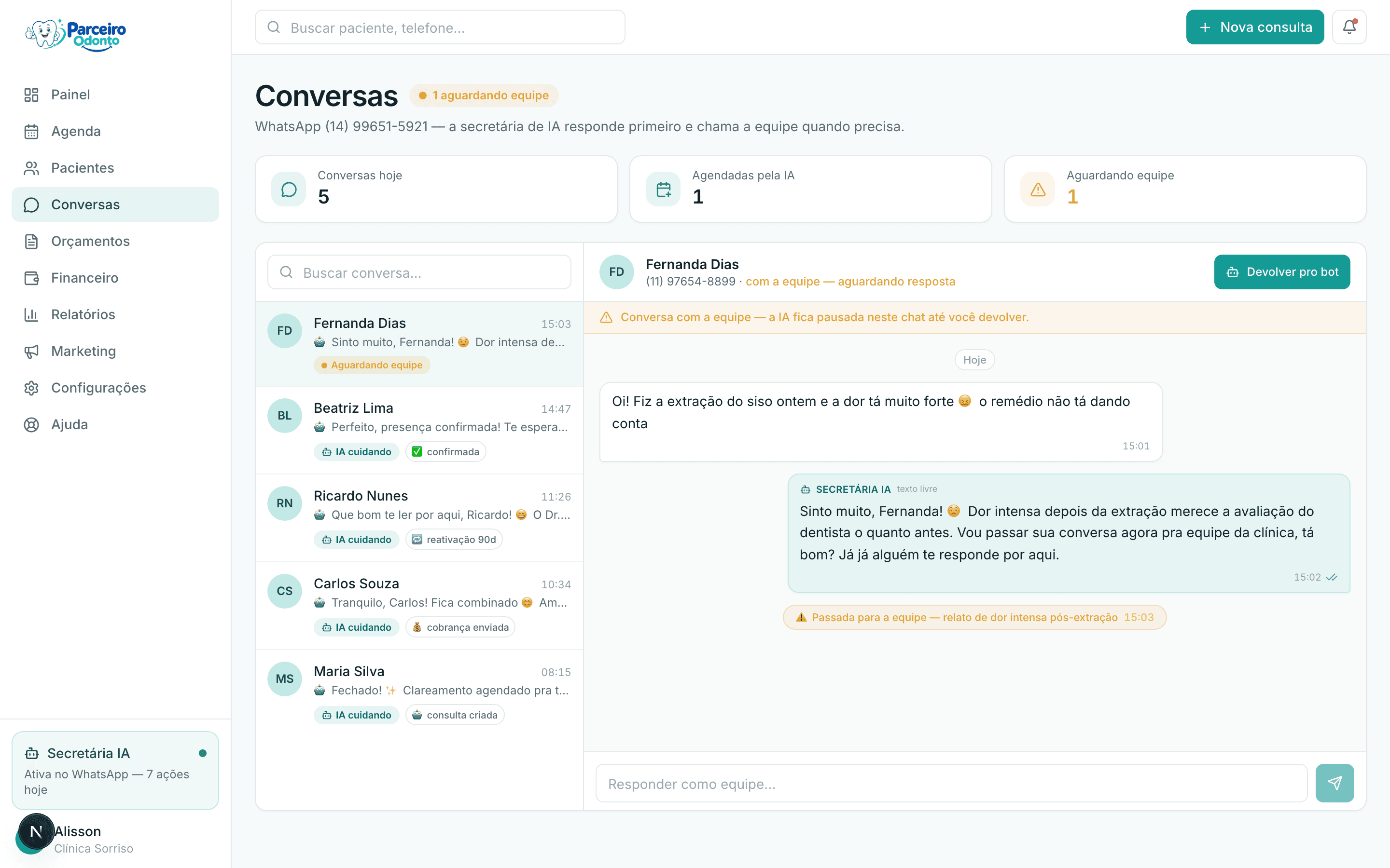 Conversas do Parceiro Odonto — Todo o WhatsApp do consultório, sem sair do sistema